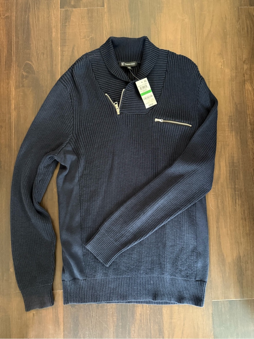 INC International Concepts Navy Half-Zip Ribbed Sweater with Chest Zip